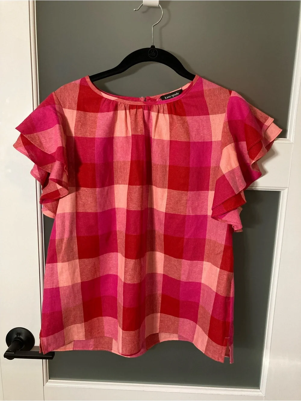 Kate Spade Picnic Woven Flutter-sleeve Top - Linen Blend - M - Deep Hibicus